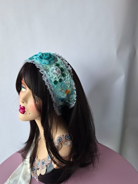 Handmade Aqua and Mint Green Crazy Quilt Embroidered Rose Sash Y2k-Style Mermaid main image 6
